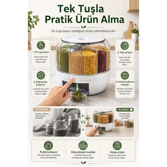 6 Bölmeli Döner Hazneli Bakliyat ve Kuru Gıda Saklama Kutusu Pratik Dağıtıcılı