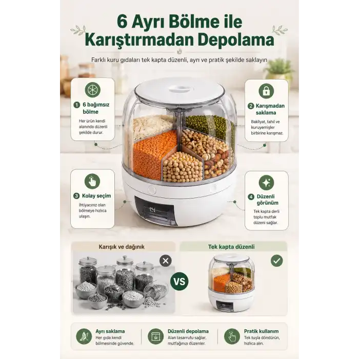 6 Bölmeli Döner Hazneli Bakliyat ve Kuru Gıda Saklama Kutusu Pratik Dağıtıcılı