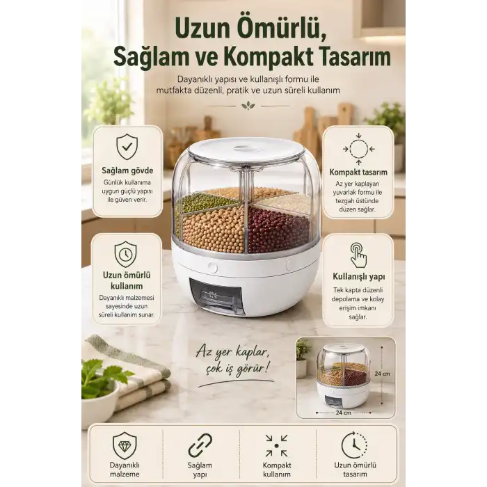 6 Bölmeli Döner Hazneli Bakliyat ve Kuru Gıda Saklama Kutusu Pratik Dağıtıcılı