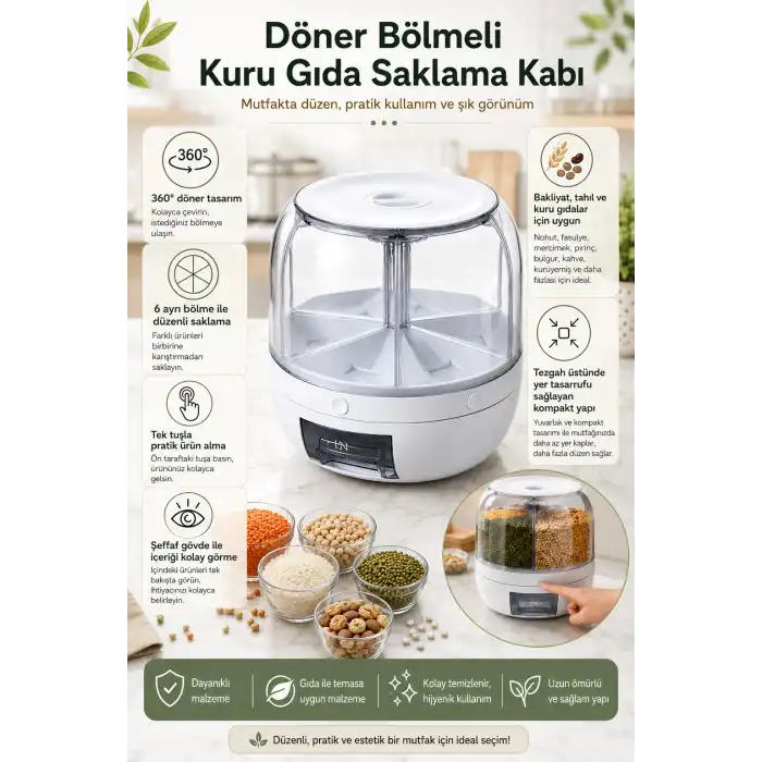 6 Bölmeli Döner Hazneli Bakliyat ve Kuru Gıda Saklama Kutusu Pratik Dağıtıcılı