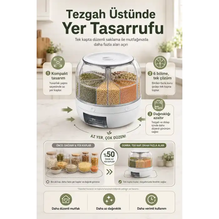 6 Bölmeli Döner Hazneli Bakliyat ve Kuru Gıda Saklama Kutusu Pratik Dağıtıcılı
