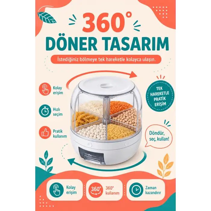 Tek Tuşla Kullanılan Şeffaf Kapaklı Bakliyat Saklama Kabı 6 Bölmeli Döner Hazneli