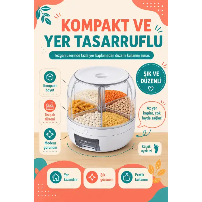 Tek Tuşla Kullanılan Şeffaf Kapaklı Bakliyat Saklama Kabı 6 Bölmeli Döner Hazneli