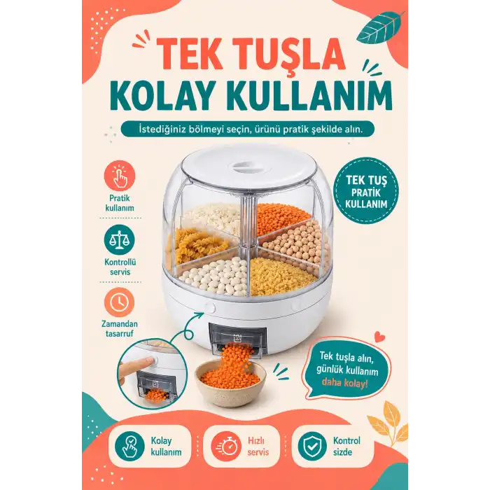 Tek Tuşla Kullanılan Şeffaf Kapaklı Bakliyat Saklama Kabı 6 Bölmeli Döner Hazneli