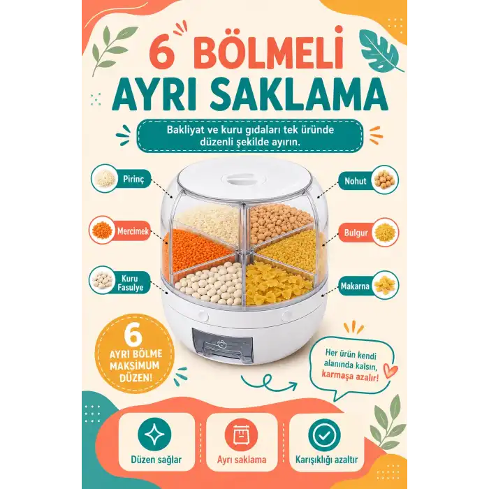 Tek Tuşla Kullanılan Şeffaf Kapaklı Bakliyat Saklama Kabı 6 Bölmeli Döner Hazneli