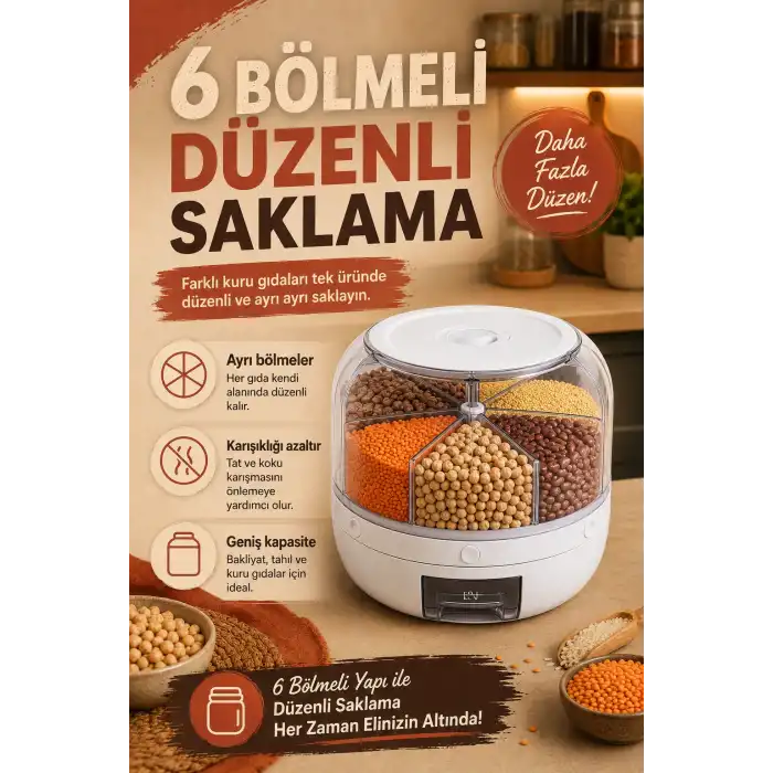 Pirinç Mercimek Makarna İçin 6 Hazneli Kuru Gıda Saklama Kutusu Dağıtıcı Hazneli