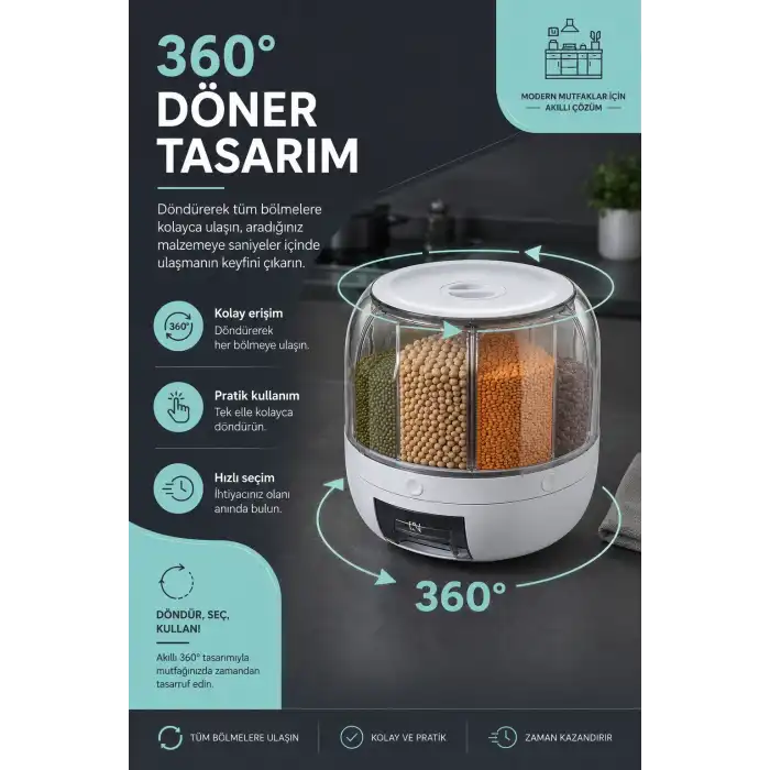 Mutfak Düzenleyici 6 Bölmeli Döner Bakliyat Kutusu Şeffaf Kapaklı Pratik Kullanım