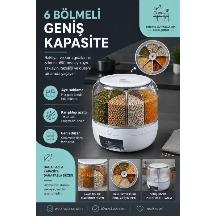 Mutfak Düzenleyici 6 Bölmeli Döner Bakliyat Kutusu Şeffaf Kapaklı Pratik Kullanım