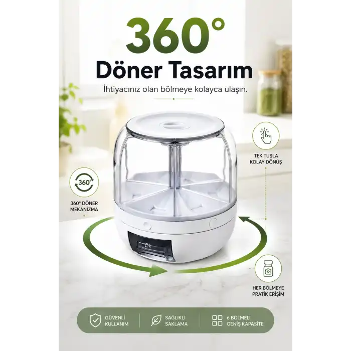 Çok Bölmeli Bakliyat ve Kuru Gıda Saklama Kabı Döner Sistemli Ölçülü Dağıtıcılı