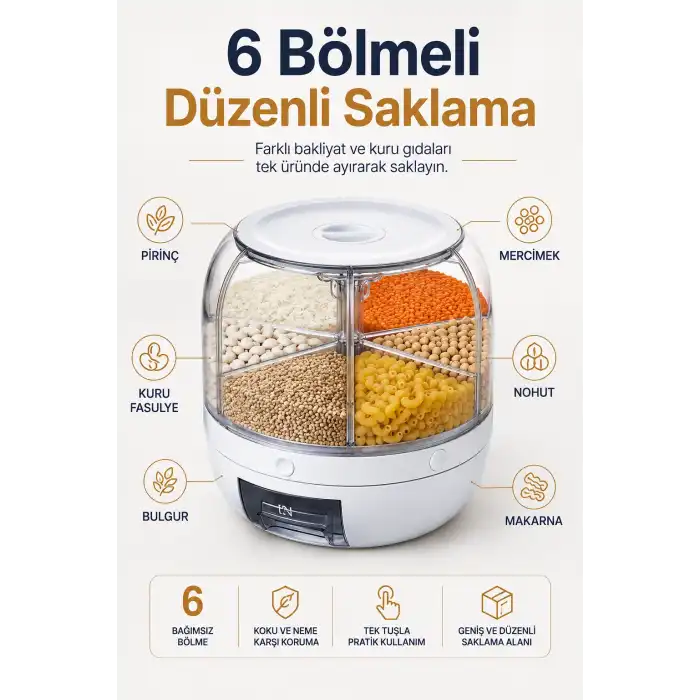 Çok Bölmeli Bakliyat ve Kuru Gıda Saklama Kabı Döner Sistemli Ölçülü Dağıtıcılı