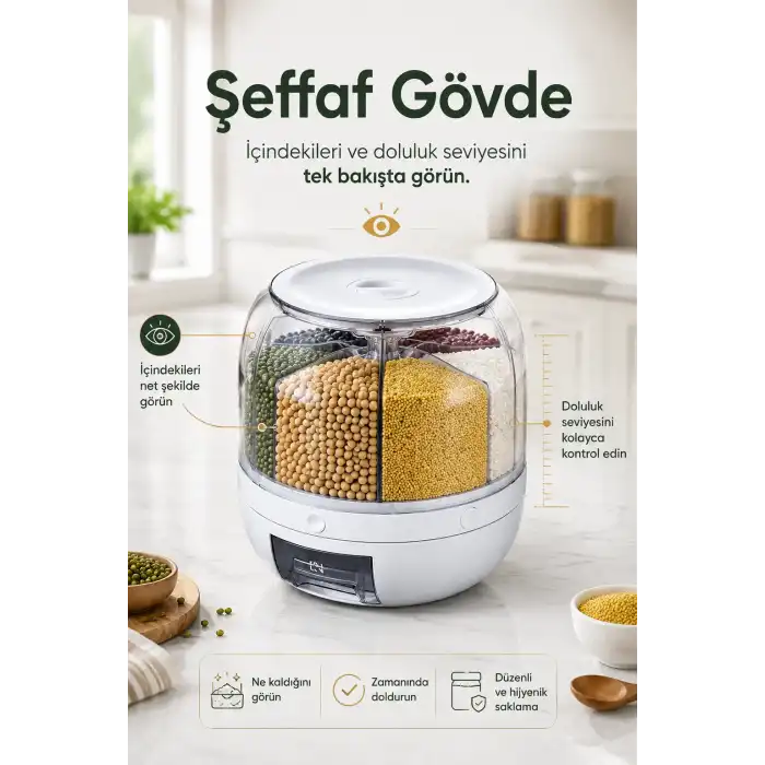 Çok Bölmeli Bakliyat ve Kuru Gıda Saklama Kabı Döner Sistemli Ölçülü Dağıtıcılı