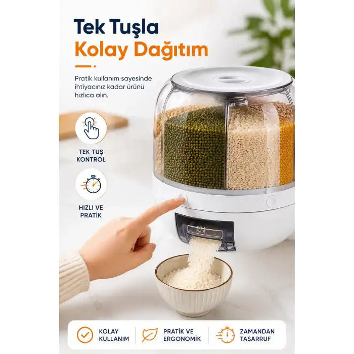 Çok Bölmeli Bakliyat ve Kuru Gıda Saklama Kabı Döner Sistemli Ölçülü Dağıtıcılı