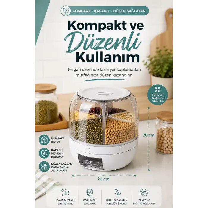 Çok Bölmeli Bakliyat ve Kuru Gıda Saklama Kabı Döner Sistemli Ölçülü Dağıtıcılı