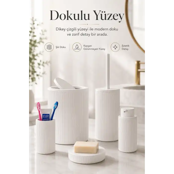 5 Parça Beyaz Banyo Seti Diş Fırçalık Çöp Kovası Sabunluk Sıvı Sabunluk Tuvalet Fırçası