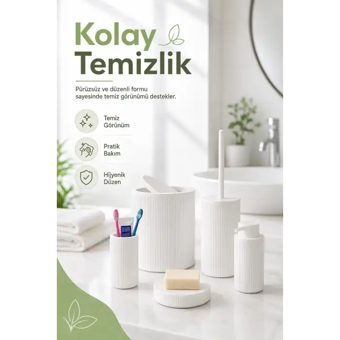 5 Parça Beyaz Banyo Seti Diş Fırçalık Çöp Kovası Sabunluk Sıvı Sabunluk Tuvalet Fırçası