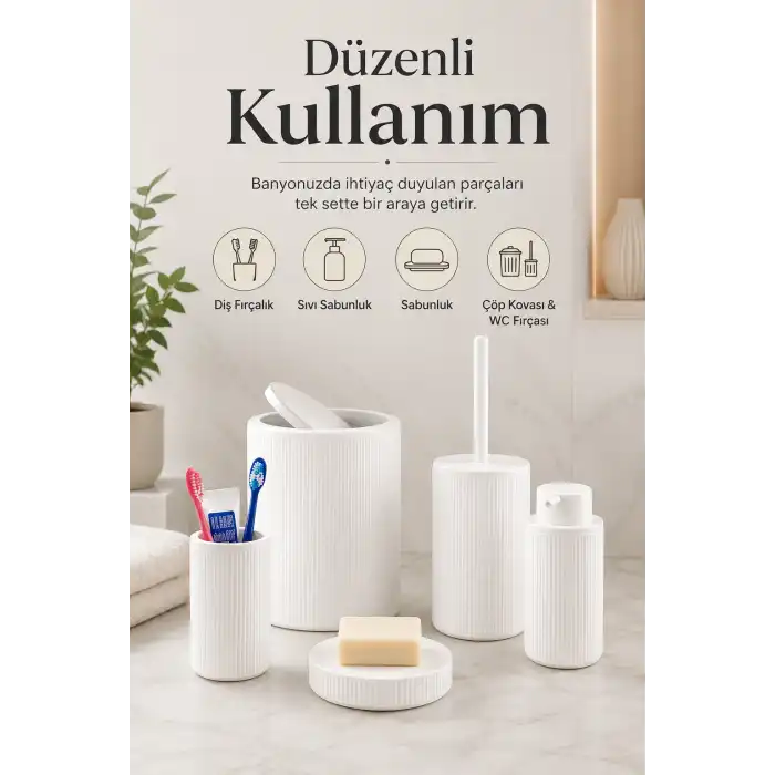 5 Parça Beyaz Banyo Seti Diş Fırçalık Çöp Kovası Sabunluk Sıvı Sabunluk Tuvalet Fırçası