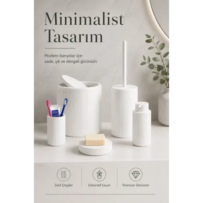 5 Parça Beyaz Banyo Seti Diş Fırçalık Çöp Kovası Sabunluk Sıvı Sabunluk Tuvalet Fırçası