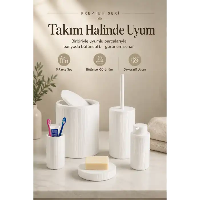 5 Parça Beyaz Banyo Seti Diş Fırçalık Çöp Kovası Sabunluk Sıvı Sabunluk Tuvalet Fırçası