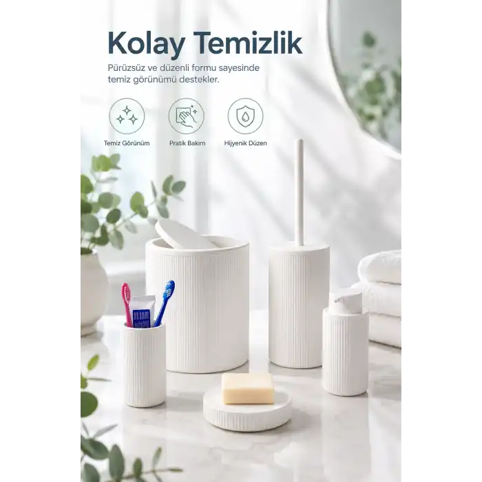 Modern Tasarımlı 5 Parça Banyo Aksesuar Seti Beyaz Renk Sabunluk ve Fırçalık Dahil