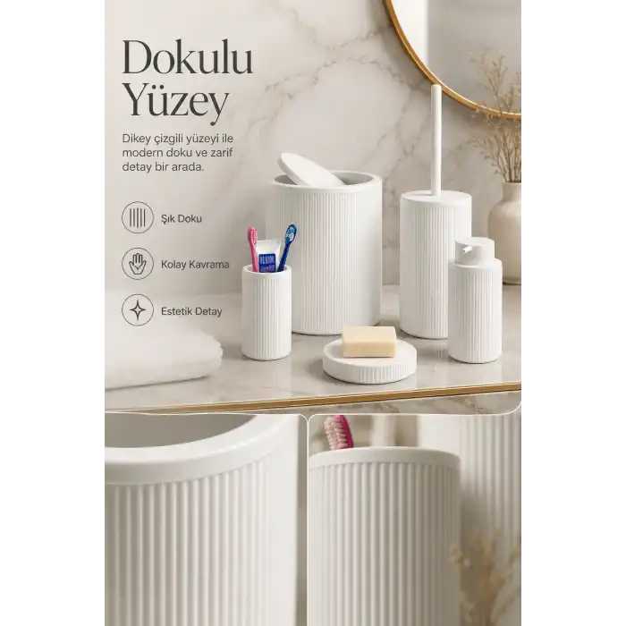 Modern Tasarımlı 5 Parça Banyo Aksesuar Seti Beyaz Renk Sabunluk ve Fırçalık Dahil