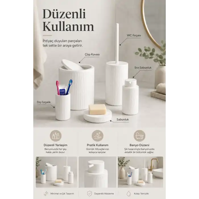 Modern Tasarımlı 5 Parça Banyo Aksesuar Seti Beyaz Renk Sabunluk ve Fırçalık Dahil
