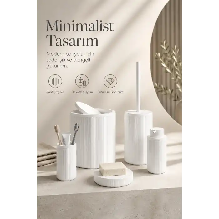Modern Tasarımlı 5 Parça Banyo Aksesuar Seti Beyaz Renk Sabunluk ve Fırçalık Dahil