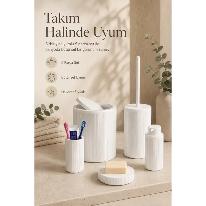 Modern Tasarımlı 5 Parça Banyo Aksesuar Seti Beyaz Renk Sabunluk ve Fırçalık Dahil
