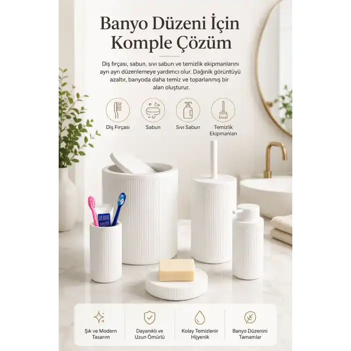 Beyaz Banyo Düzenleyici Set 5 Parça Çöp Kovası Tuvalet Fırçası Sabunluk Fırçalık