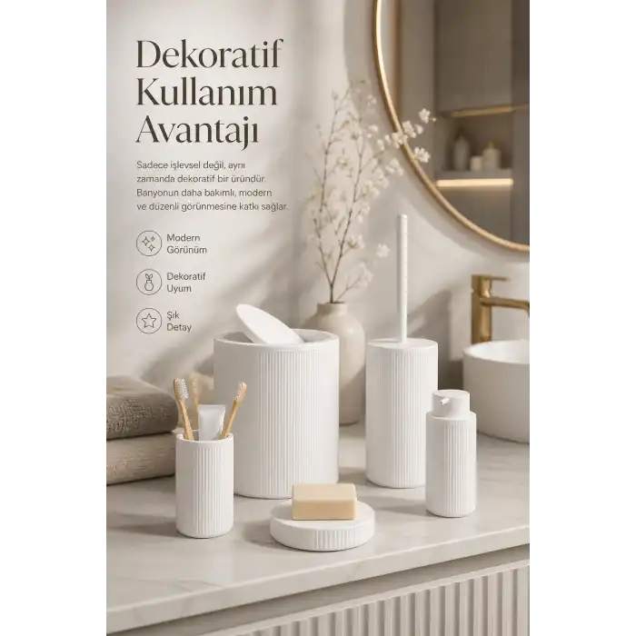 Beyaz Banyo Düzenleyici Set 5 Parça Çöp Kovası Tuvalet Fırçası Sabunluk Fırçalık