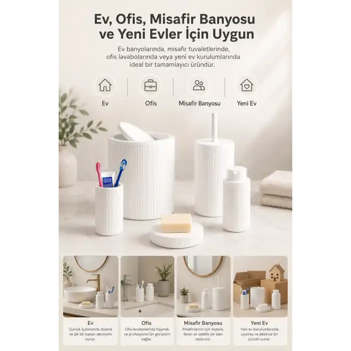 Beyaz Banyo Düzenleyici Set 5 Parça Çöp Kovası Tuvalet Fırçası Sabunluk Fırçalık
