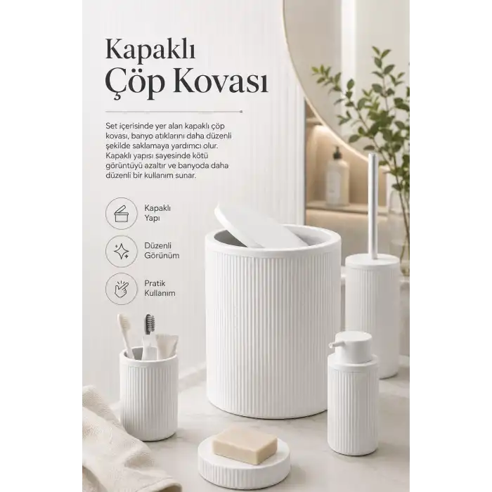 Beyaz Banyo Düzenleyici Set 5 Parça Çöp Kovası Tuvalet Fırçası Sabunluk Fırçalık