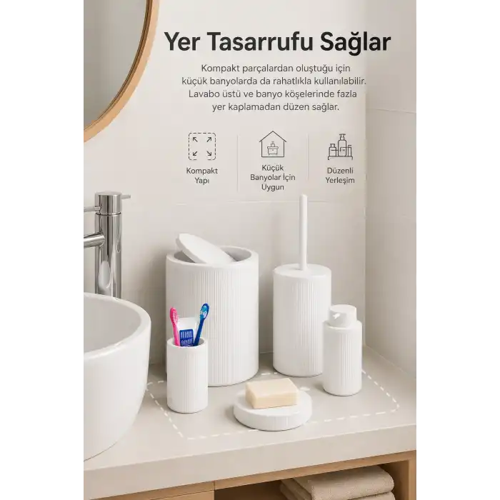 Beyaz Banyo Düzenleyici Set 5 Parça Çöp Kovası Tuvalet Fırçası Sabunluk Fırçalık