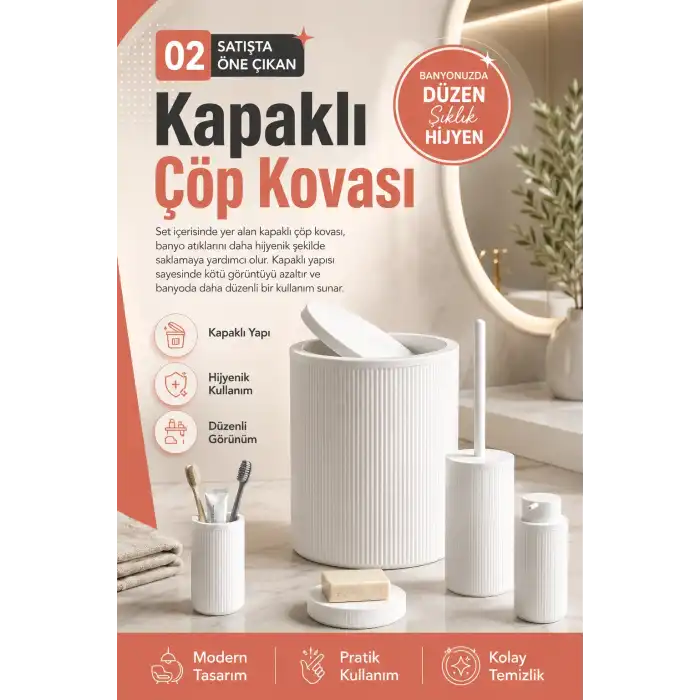 Çizgili Desenli Beyaz 5 Parça Banyo Seti Sıvı Sabunluk Sabunluk ve Diş Fırçalık