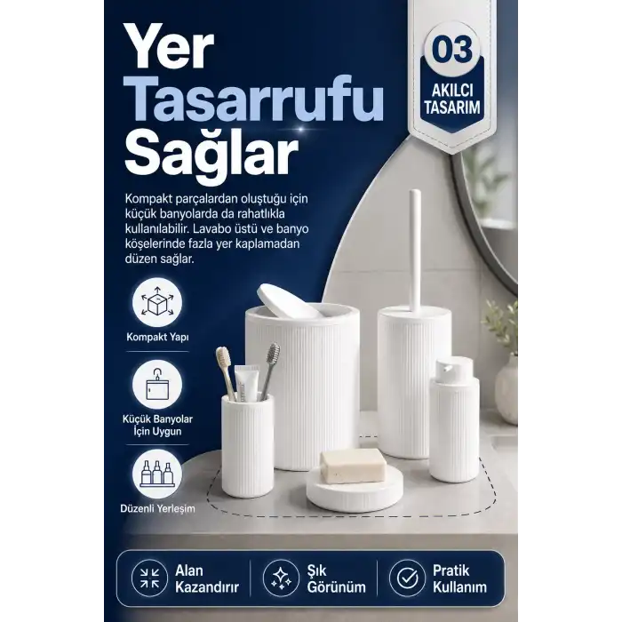 Çizgili Desenli Beyaz 5 Parça Banyo Seti Sıvı Sabunluk Sabunluk ve Diş Fırçalık