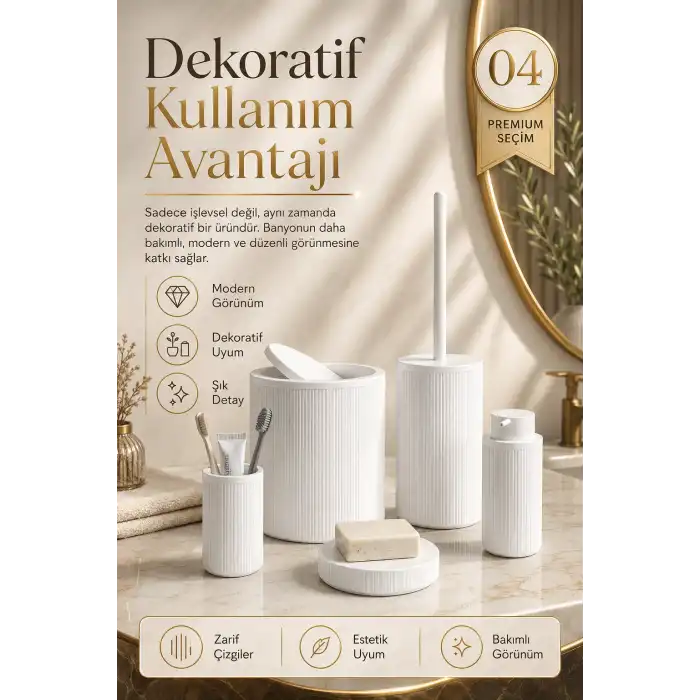 Çizgili Desenli Beyaz 5 Parça Banyo Seti Sıvı Sabunluk Sabunluk ve Diş Fırçalık