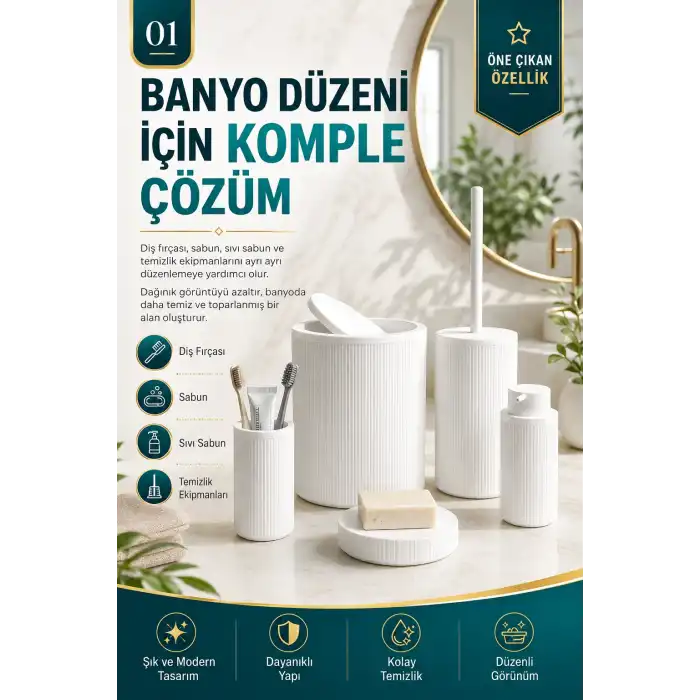 Çizgili Desenli Beyaz 5 Parça Banyo Seti Sıvı Sabunluk Sabunluk ve Diş Fırçalık