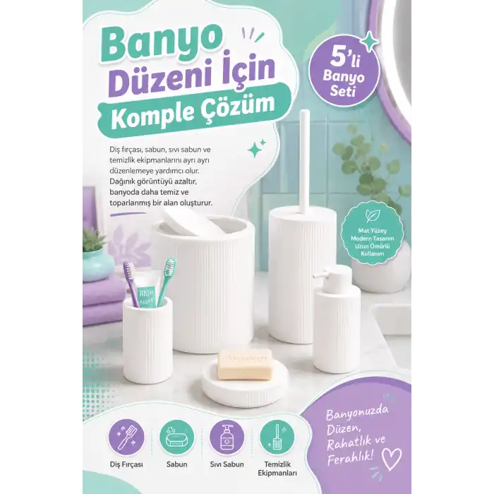 Şık Görünümlü Beyaz Banyo Aksesuar Takımı 5 Parça Günlük Kullanıma Uygun Set