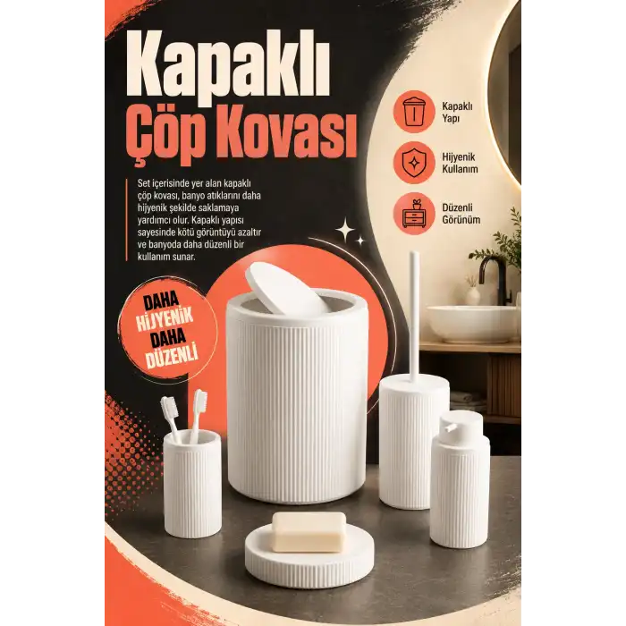 Şık Görünümlü Beyaz Banyo Aksesuar Takımı 5 Parça Günlük Kullanıma Uygun Set
