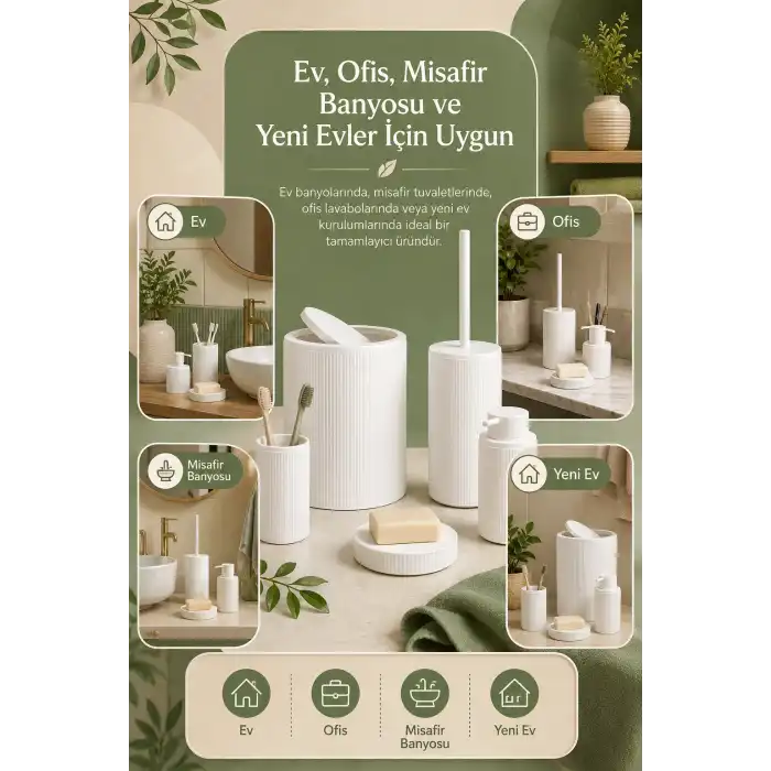 Şık Görünümlü Beyaz Banyo Aksesuar Takımı 5 Parça Günlük Kullanıma Uygun Set