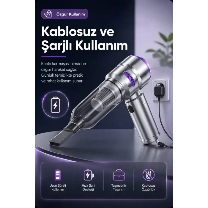 Şarjlı El Tipi Araç İçi Süpürge Ve Basınçlı Hava Üfleme Cihazı Başlıklı Set