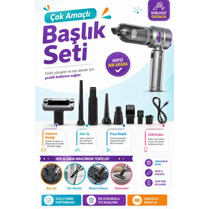 Taşınabilir Kablosuz Vakum Süpürge Ve Hava Üfleme Makinesi Çok Başlıklı Kullanım Seti