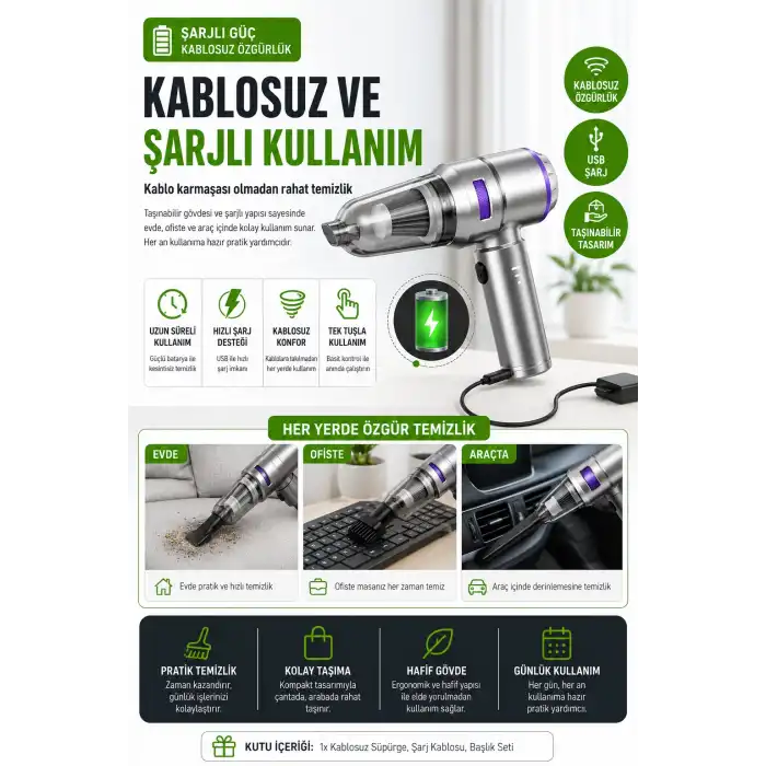 Araç Ev Ofis Uyumlu El Tipi Şarjlı Süpürge Ve Basınçlı Hava Üfleme Cihazı