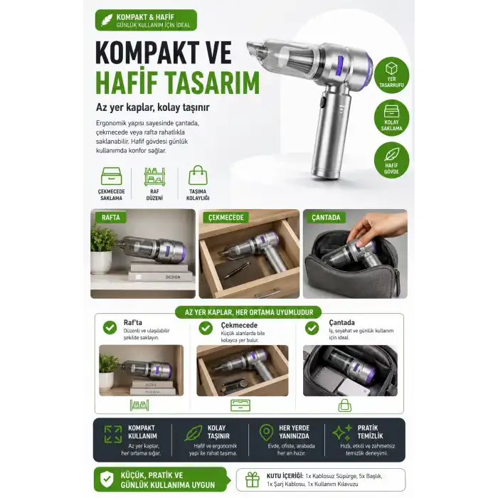 Araç Ev Ofis Uyumlu El Tipi Şarjlı Süpürge Ve Basınçlı Hava Üfleme Cihazı