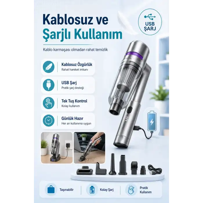 Çok Fonksiyonlu El Tipi Vakum Süpürge Hava Üfleme Cihazı Şarjlı Temizlik Seti