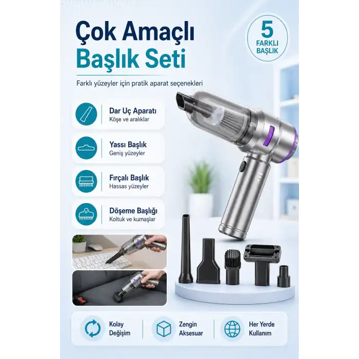 Çok Fonksiyonlu El Tipi Vakum Süpürge Hava Üfleme Cihazı Şarjlı Temizlik Seti