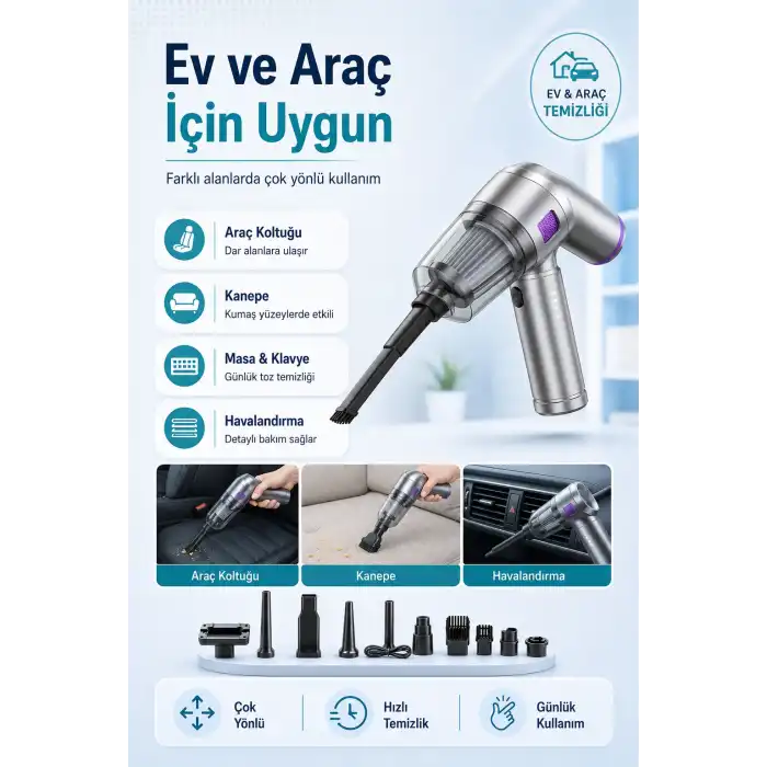 Çok Fonksiyonlu El Tipi Vakum Süpürge Hava Üfleme Cihazı Şarjlı Temizlik Seti