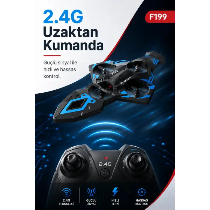 F199 Uzaktan Kumandalı Uçak Drone 2.4G Bağlantılı 360 Derece Dönüş Özellikli Oyuncak