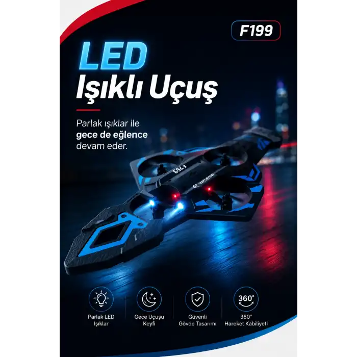 F199 Uzaktan Kumandalı Uçak Drone 2.4G Bağlantılı 360 Derece Dönüş Özellikli Oyuncak