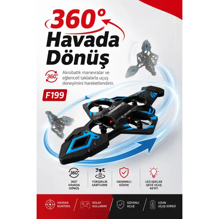 Katlanabilir Tasarımlı Uzaktan Kumandalı Drone 360 Derece Dönüş Ve Işıklı Uçuş Özellikli