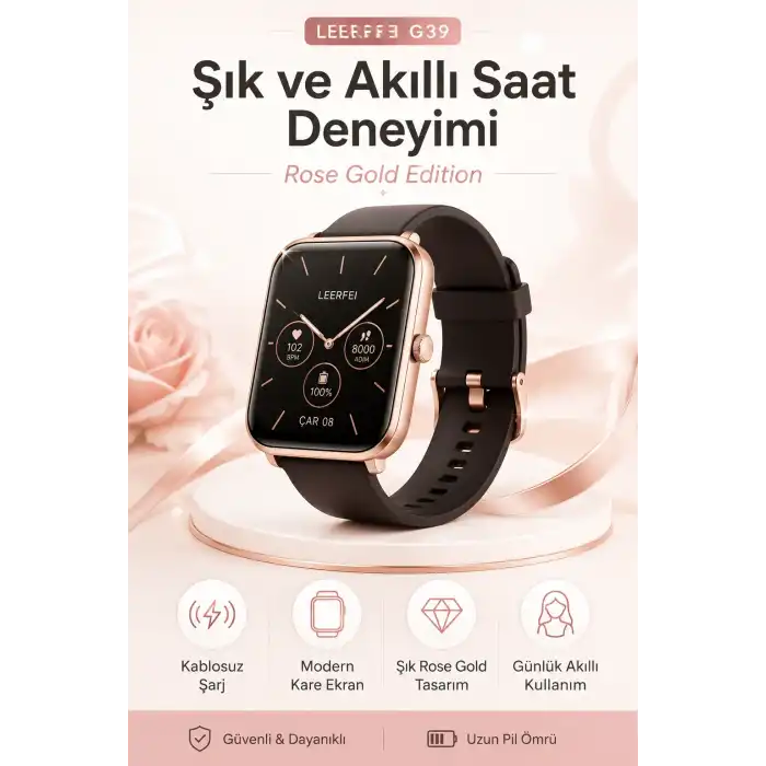 Kablosuz Şarj Destekli Rose Gold Akıllı Saat Dokunmatik Ekranlı Spor Takipli Model
